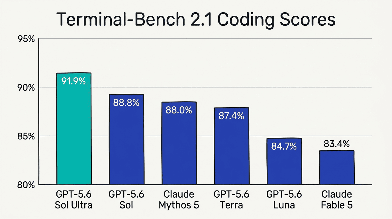 Bar chart: Terminal-Bench 2.1 coding scores — GPT-5.6 Sol Ultra 91.9%, Sol 88.8%, Claude Mythos 5 88.0%, Terra 87.4%, Luna 84.7%, Claude Fable 5 83.4%