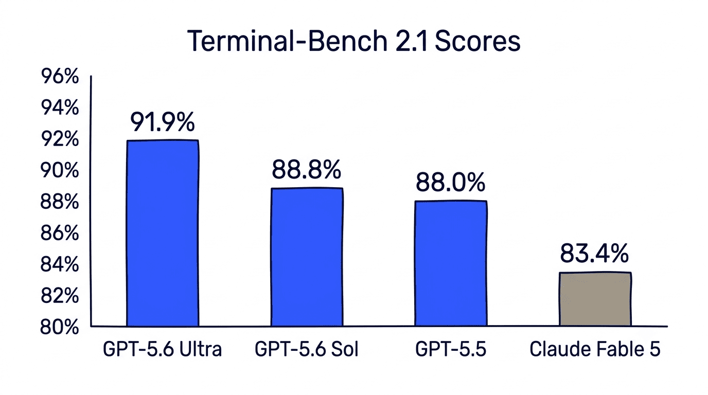 Bar chart showing Terminal-Bench 2.1 scores: GPT-5.6 Ultra 91.9%, GPT-5.6 Sol 88.8%, GPT-5.5 88.0%, Claude Fable 5 83.4%