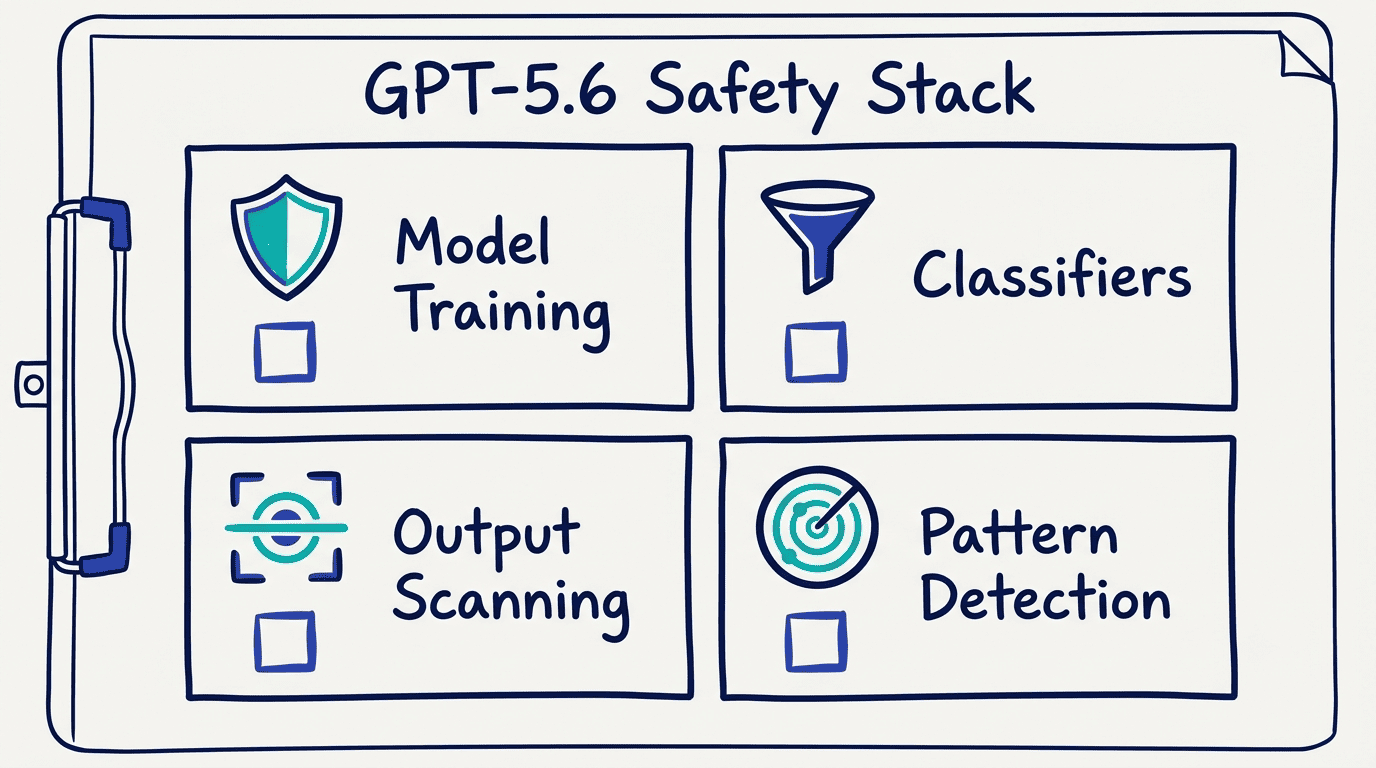 GPT-5.6 Safety Stack checklist: Model Training, Classifiers, Output Scanning, Pattern Detection