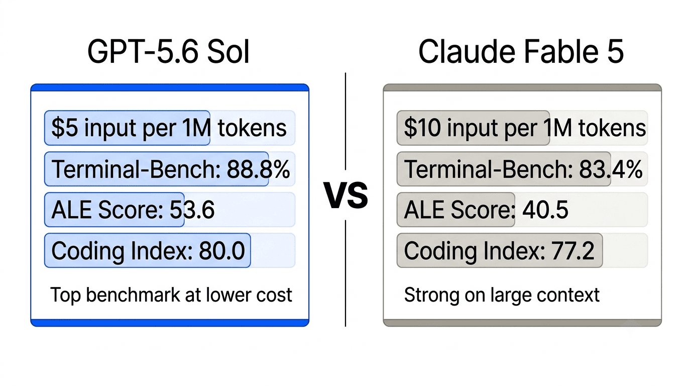 Side-by-side comparison: GPT-5.6 Sol $5 input 88.8% TB2.1 ALE 53.6 vs Claude Fable 5 $10 input 83.4% TB2.1 ALE 40.5