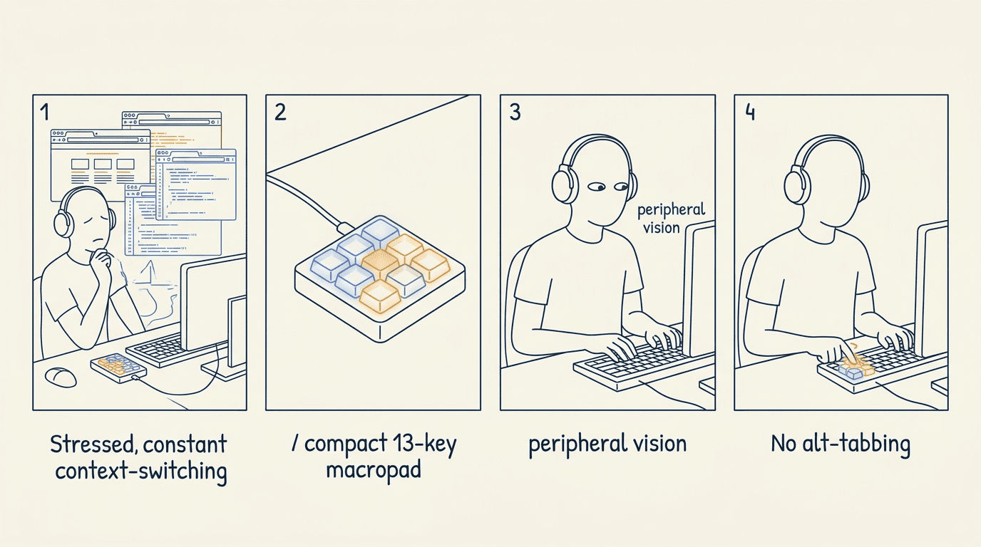 4-panel storyboard: developer overwhelmed by windows, macropad Agent Keys glowing blue and amber, peripheral glance at keys, tap without looking at screen