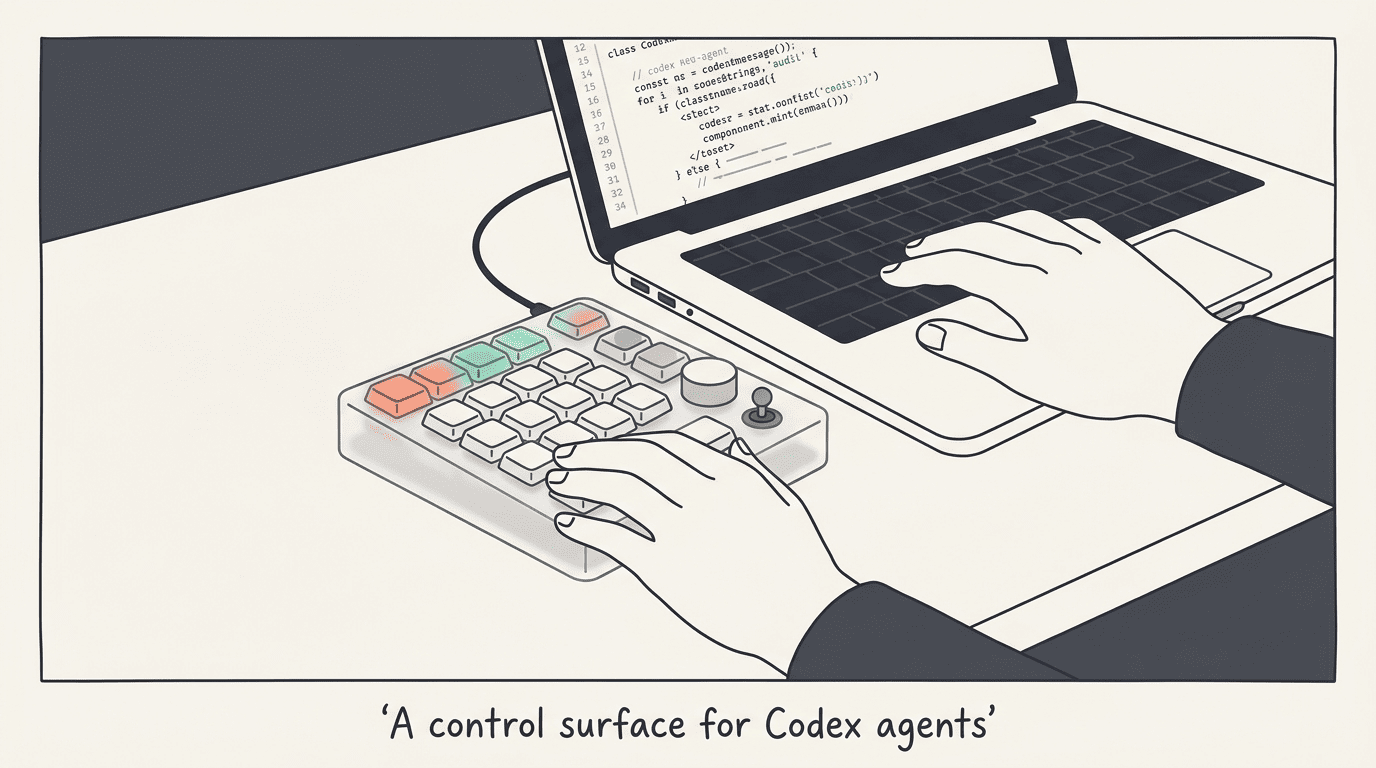 A developer directing an AI coding agent from a desk, hands on a macropad beside a laptop of code