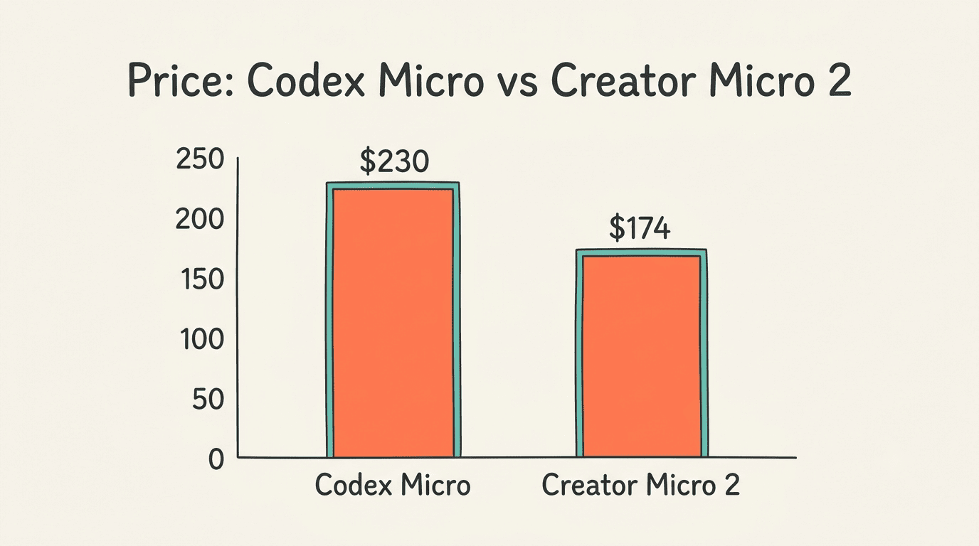 Price comparison of the Codex Micro at $230 and the Work Louder Creator Micro 2 at $174