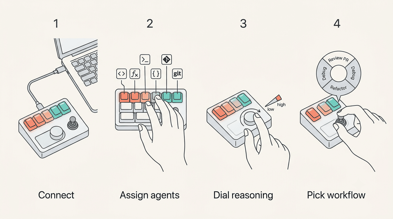 Four-step macropad workflow: connect, assign actions to keys, adjust a dial, pick a workflow with the joystick