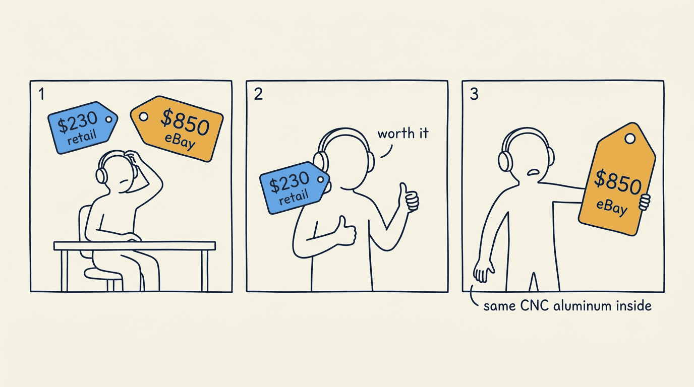 3-panel comic: developer compares $230 retail vs $850 eBay tags, approves retail with thumbs up, recoils from eBay price labeled same CNC aluminum inside