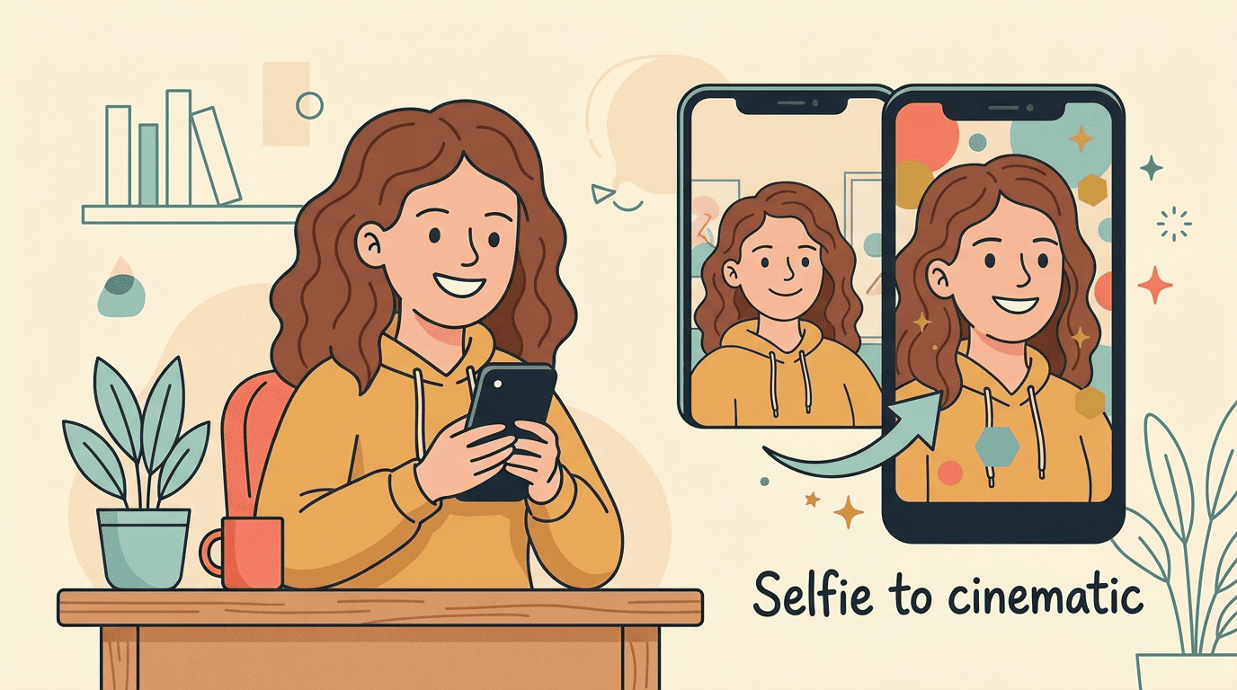 A creator turning a plain selfie into a cinematic portrait on her phone with Gemini