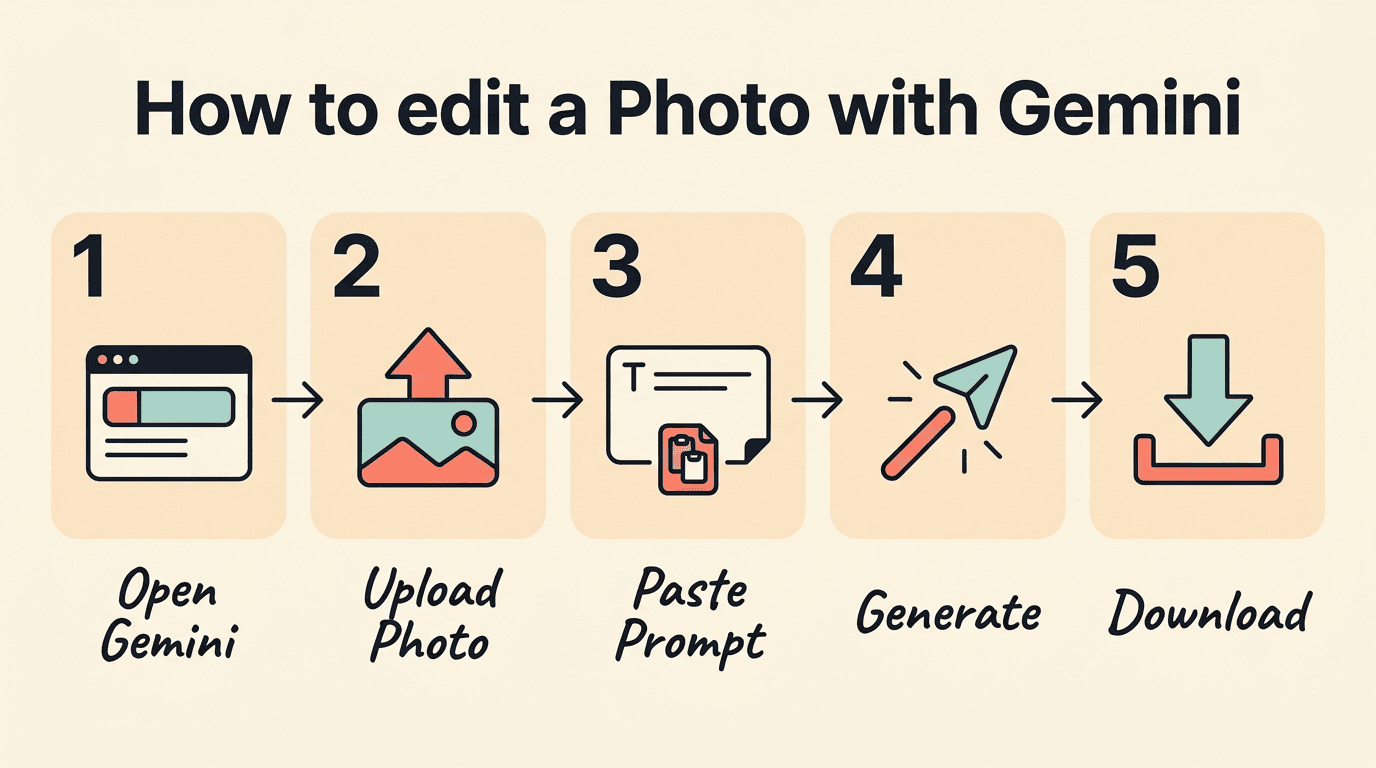 Five steps to edit a photo with Gemini: open, upload photo, paste prompt, generate, download