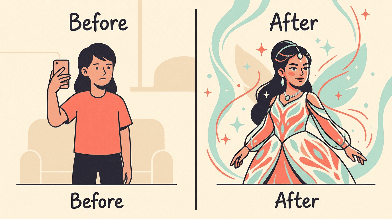 Before and after: a plain selfie transformed into a Rani Pari fantasy portrait with Gemini