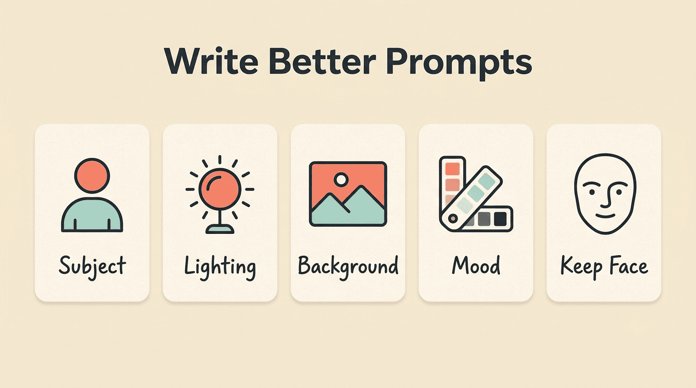 Checklist of elements a strong Gemini prompt needs: subject, lighting, background, mood, keep face