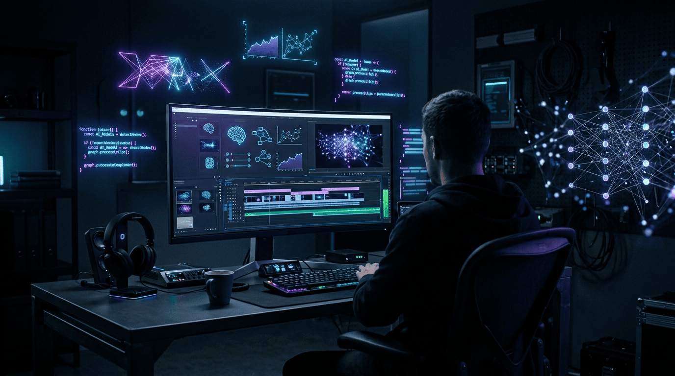 Futuristic developer workspace showing Gemini API video generation dashboard with glowing code and video timeline