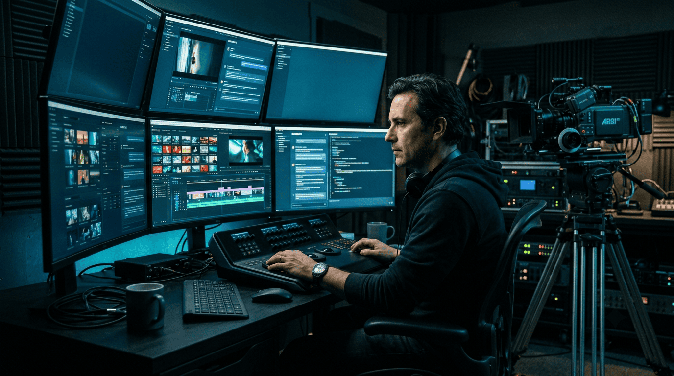 Director reviewing AI-generated film scenes in a dark cinematic studio with glowing blue monitors showing video timelines