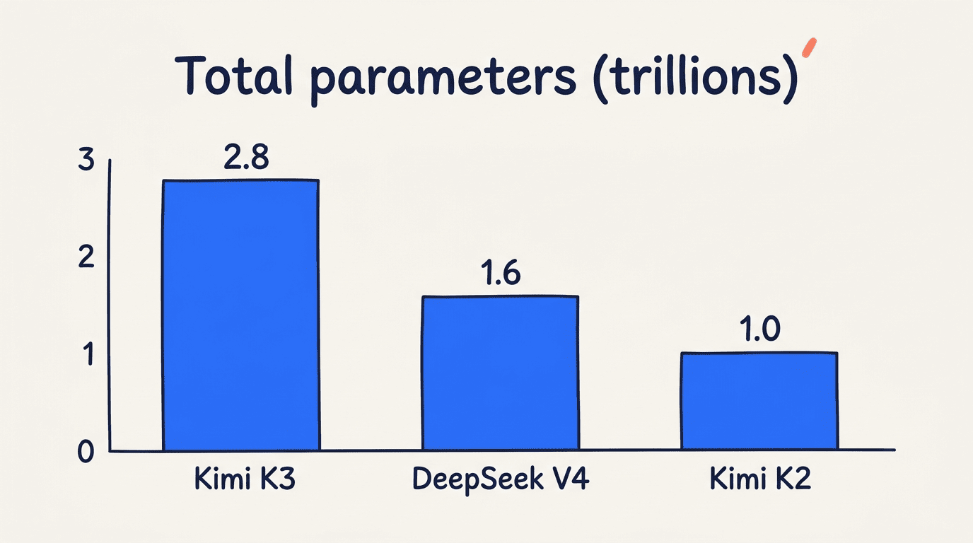 Bar chart of total parameters: Kimi K3 2.8T, DeepSeek V4 1.6T, Kimi K2 1.0T