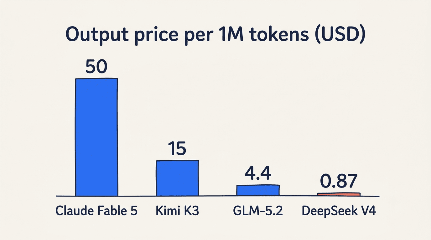 Bar chart of output price per 1M tokens: Claude Fable 5 $50, Kimi K3 $15, GLM-5.2 $4.40, DeepSeek V4 $0.87