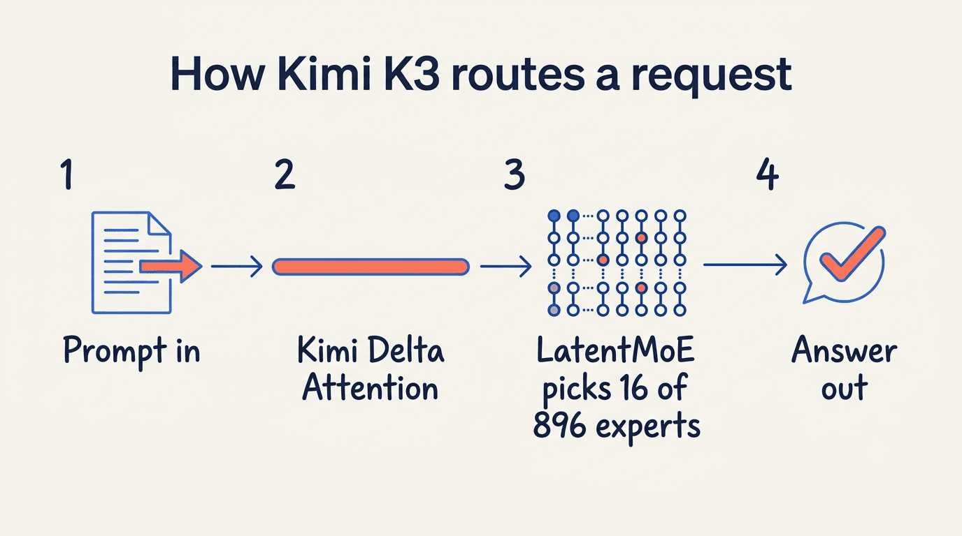 Flow diagram: prompt in, Kimi Delta Attention, LatentMoE picks 16 of 896 experts, answer out