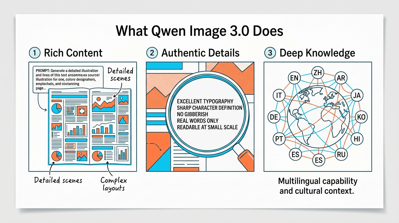 Three pillars of Qwen Image 3.0: Rich Content (dense layouts), Authentic Details (10px text), and Deep Knowledge (12 languages)