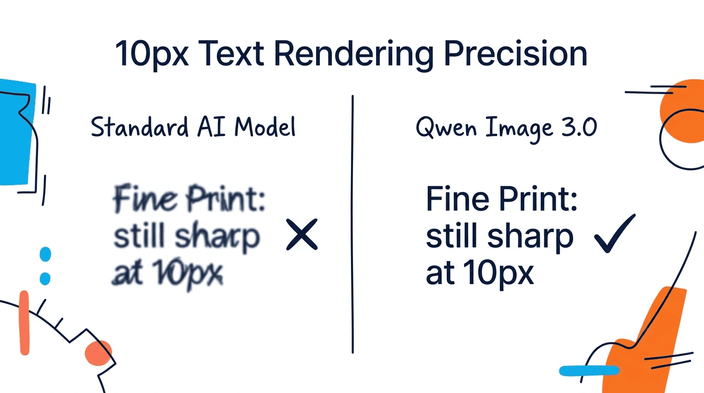 Side-by-side comparison: Standard AI model produces blurry text vs Qwen Image 3.0's crisp 10px text rendering