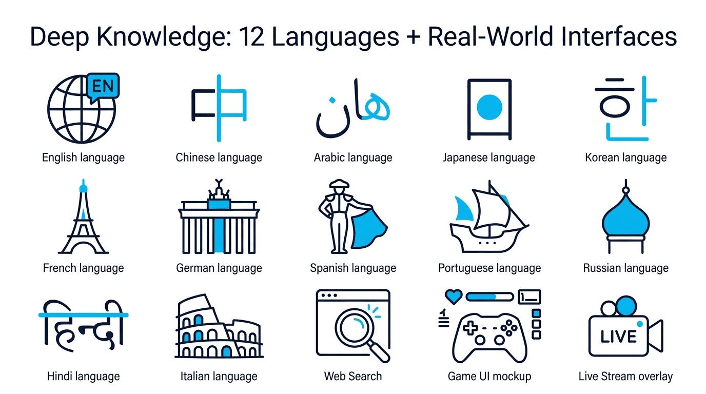 Grid of 15 icons showing 12 supported languages (English, Chinese, Arabic, Japanese, Korean, French, German, Spanish, Portuguese, Russian, Hindi, Italian) plus Web Search, Game UI, and Live Stream capabilities