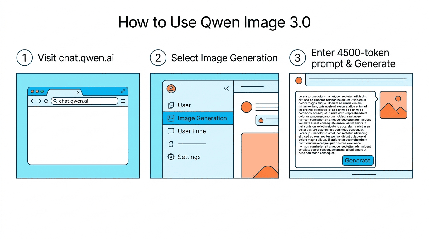 Three-step storyboard: 1. Visit chat.qwen.ai, 2. Select Image Generation, 3. Enter 4500-token prompt and generate