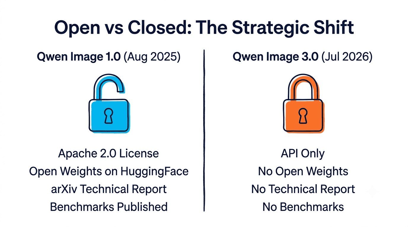 Comparison showing Qwen Image 1.0 (open padlock: Apache 2.0, open weights, arXiv report, benchmarks) vs Qwen Image 3.0 (closed padlock: API only, no open weights, no report, no benchmarks)