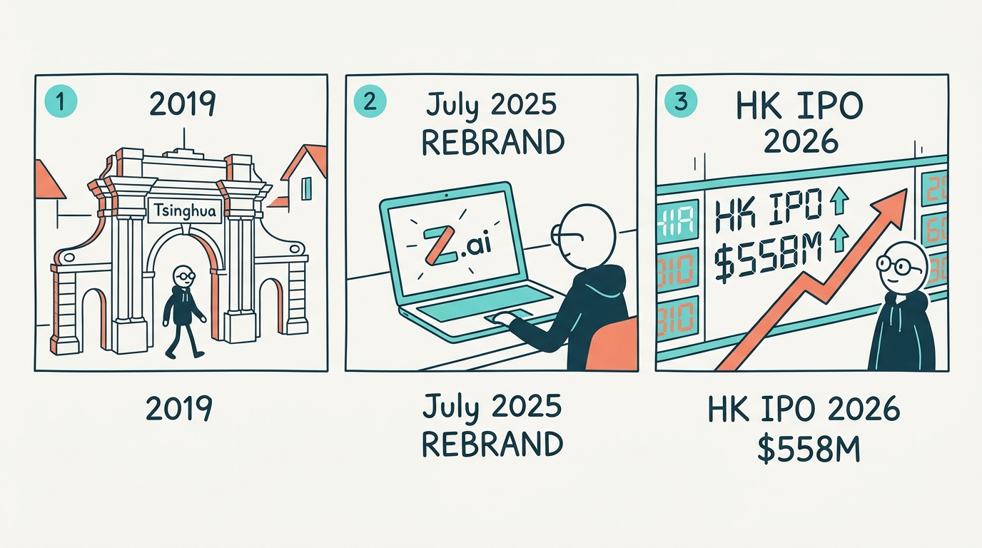 Z.ai company milestones timeline: Tsinghua spinout 2019, rebrand July 2025, HK IPO $558M 2026