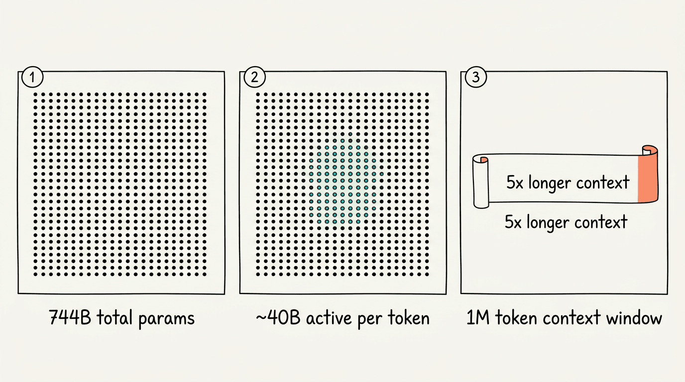 GLM-5.2 MoE architecture: 744B total parameters, 40B active per token, 1M token context window