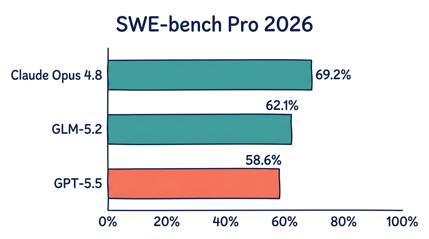 SWE-bench Pro 2026 bar chart: Claude Opus 4.8 at 69.2%, GLM-5.2 at 62.1%, GPT-5.5 at 58.6%