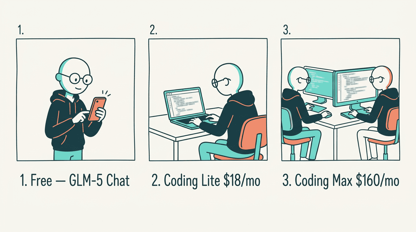 Z.ai pricing tiers comparison: Free GLM-5 chat, Coding Lite $18/month, Coding Max $160/month