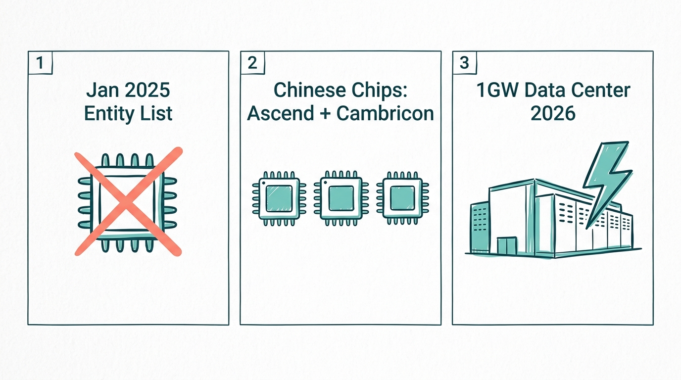 Z.ai chip independence: US Entity List 2025 blocking Nvidia, Chinese chips Ascend and Cambricon, 1GW data center 2026