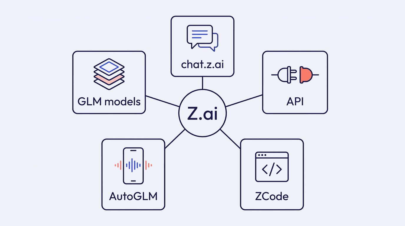 Z.ai ecosystem diagram — GLM models, chat.z.ai, API, ZCode and AutoGLM