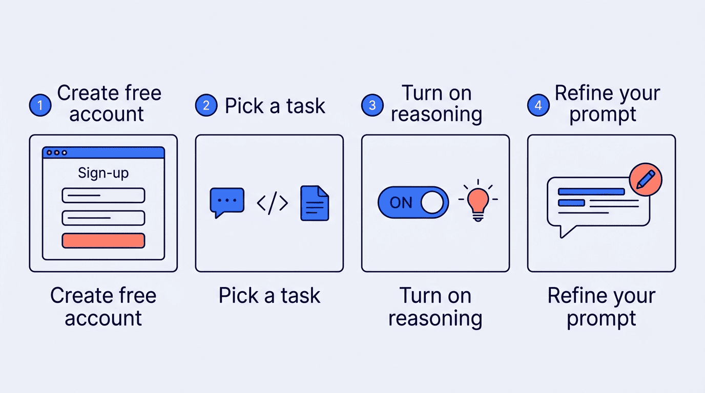 Four-step guide to using chat.z.ai: create a free account, pick a task, turn on reasoning, refine your prompt