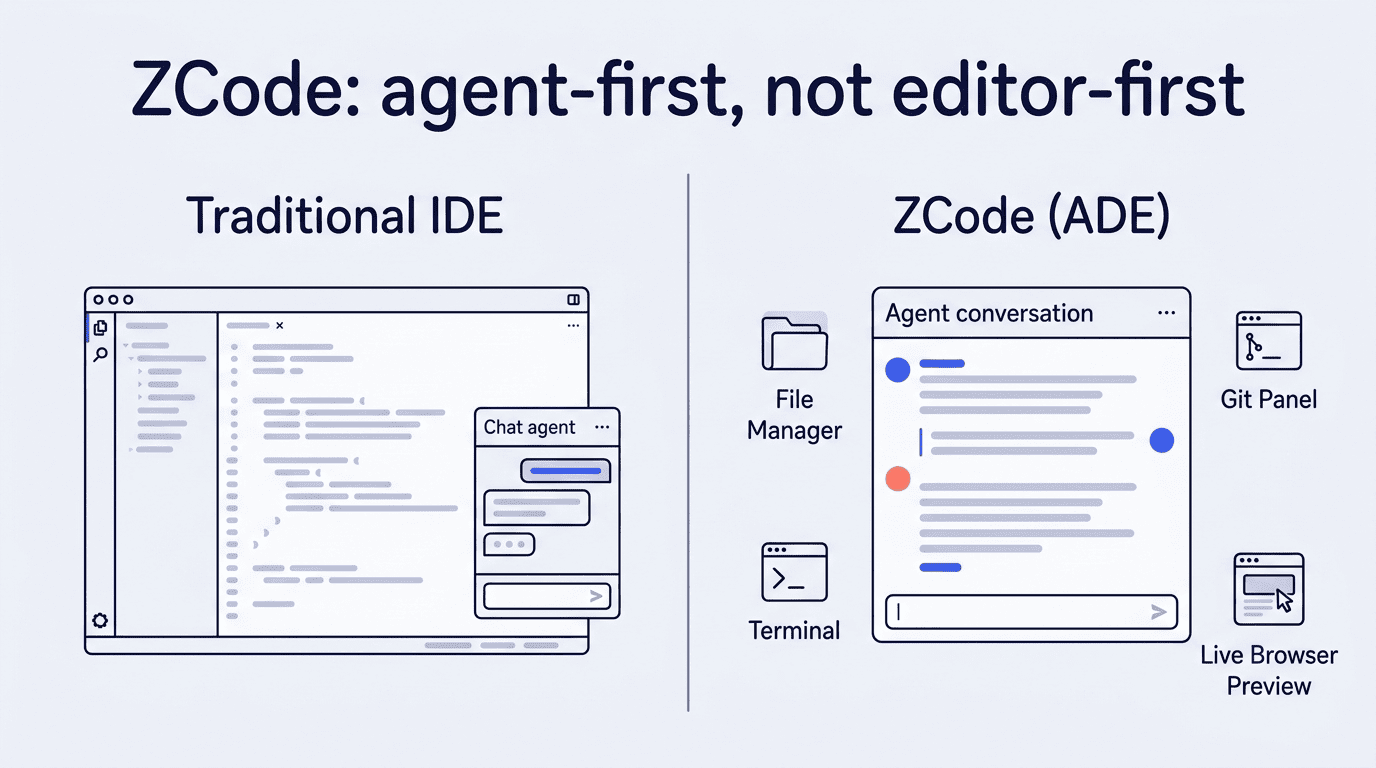 Comparison of a traditional editor-first IDE versus ZCode's agent-first layout