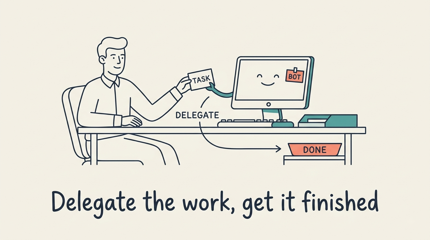 A worker delegates a task card to a Grok Bot workstation that finishes it