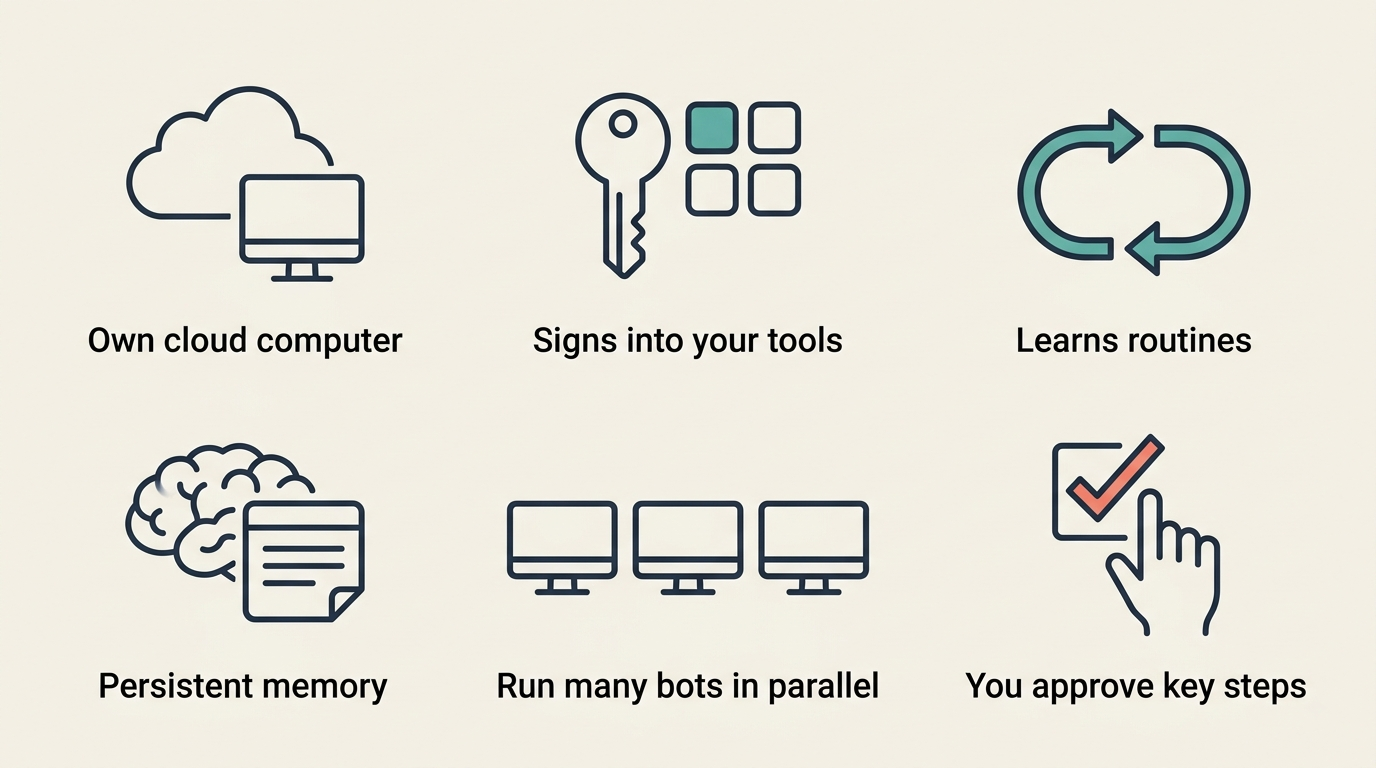 Six Grok Bot capabilities: own cloud computer, signs into tools, learns routines, persistent memory, many bots in parallel, human approval