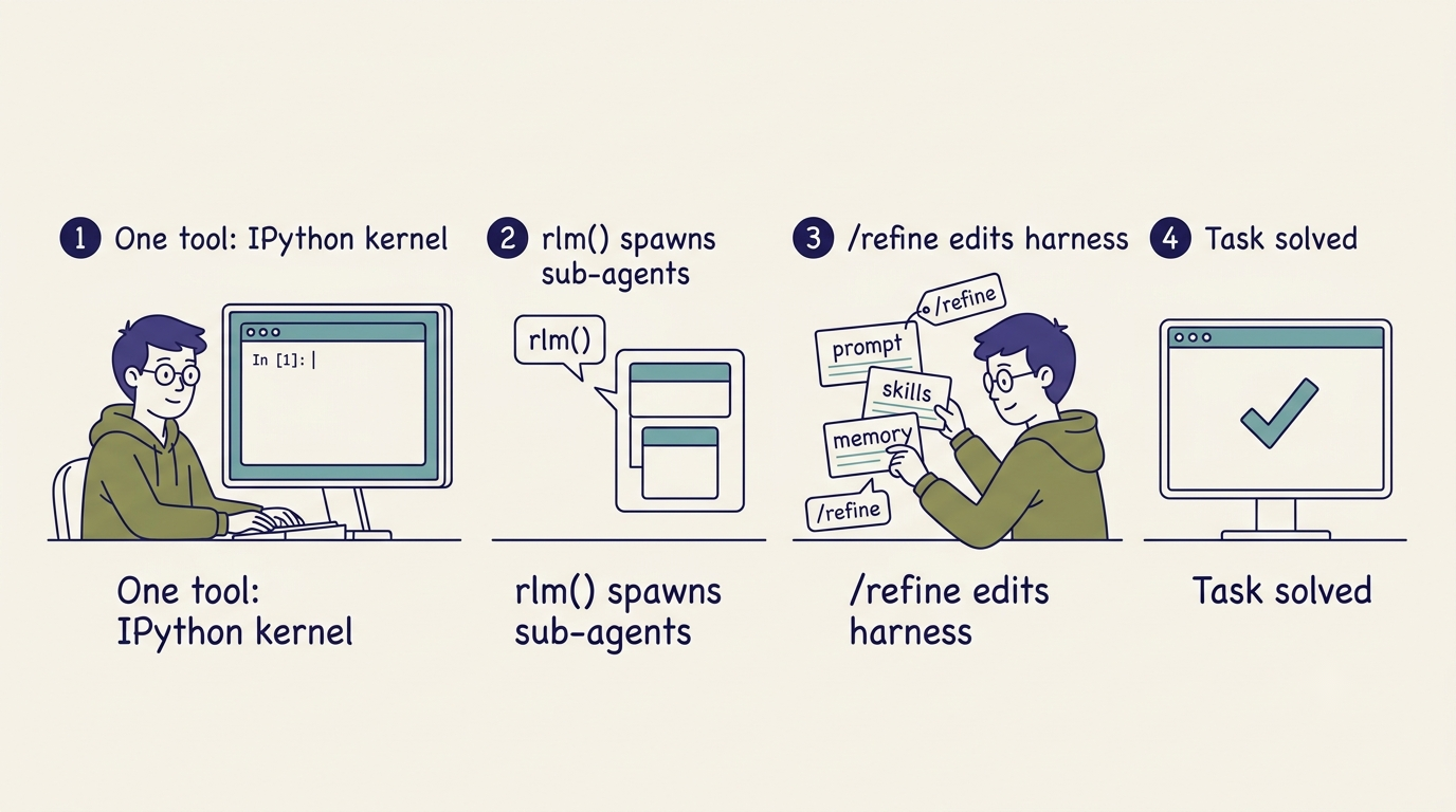 Diagram of how Prime Agent works: one IPython kernel, rlm() sub-agents, /refine, task solved