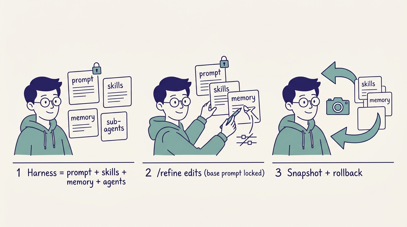 Continual Harness self-improvement flow: harness state, /refine edits, snapshot and rollback