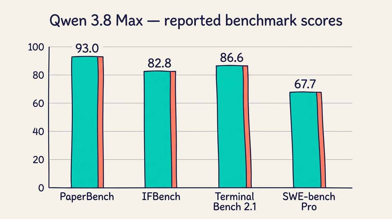 Bar chart of Qwen 3.8 Max reported benchmark scores: PaperBench 93.0, IFBench 82.8, Terminal Bench 2.1 86.6, SWE-bench Pro 67.7