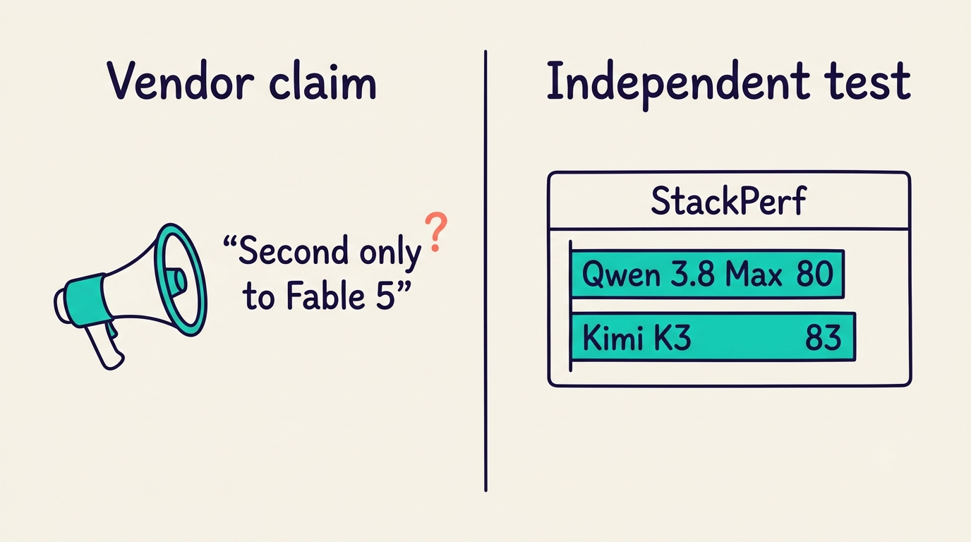 Comparison of Alibaba's marketing claim 'second only to Fable 5' against the independent StackPerf result where Qwen scores 80 and Kimi K3 scores 83