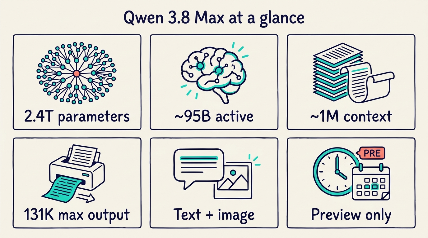 At-a-glance card grid of Qwen 3.8 Max specs: 2.4T parameters, about 95B active, roughly 1M context, 131K max output, text and image, preview only