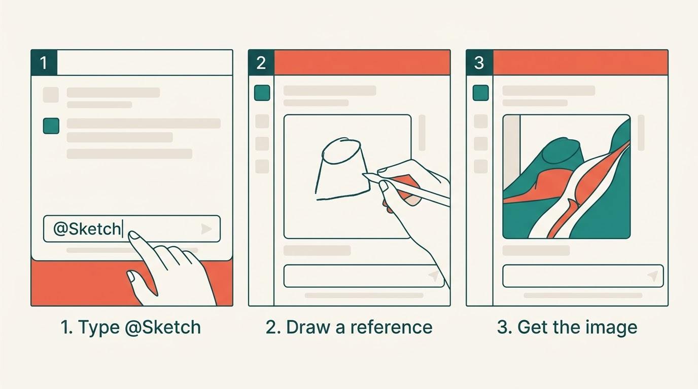 How to use the Sketch feature in ChatGPT: type @Sketch, draw a reference, get the image