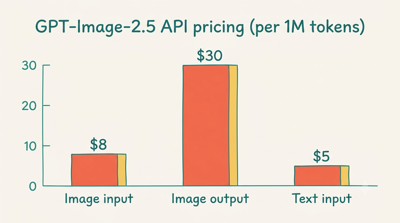 GPT-Image-2.5 API pricing per 1M tokens: image input $8, image output $30, text input $5