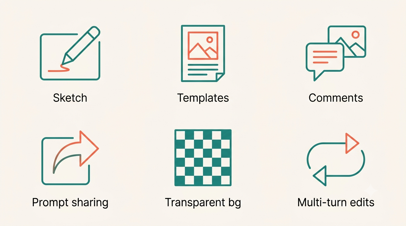 New ChatGPT Images 2.5 tools: Sketch, Templates, Comments, prompt sharing, transparent backgrounds, multi-turn edits