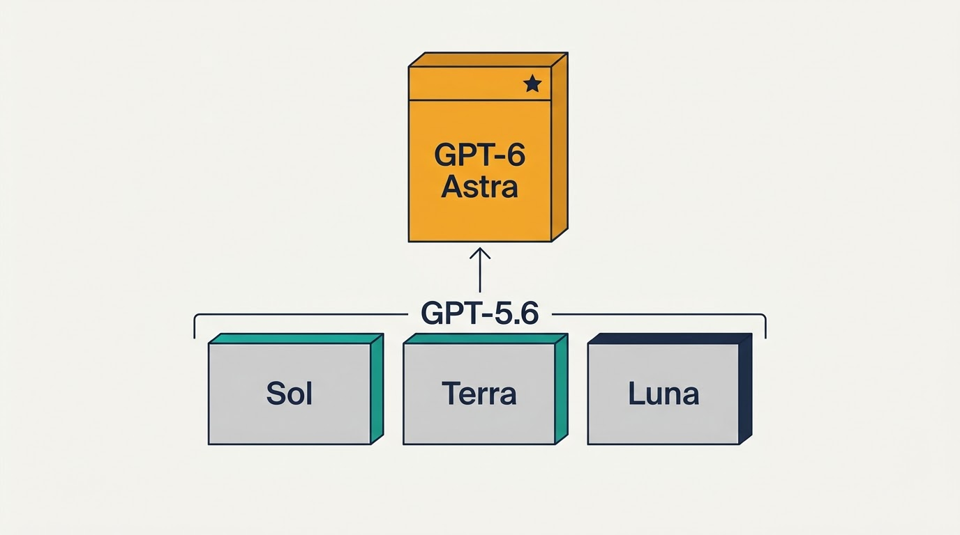 Diagram showing GPT-6 Astra positioned above the GPT-5.6 Sol, Terra and Luna tiers