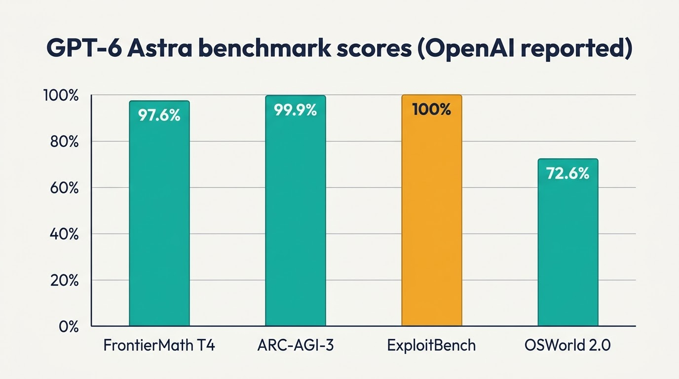 Столбчатая диаграмма с результатами GPT-6 Astra: FrontierMath 97,6%, ARC-AGI-3 99,9%, ExploitBench 100%, OSWorld 72,6%
