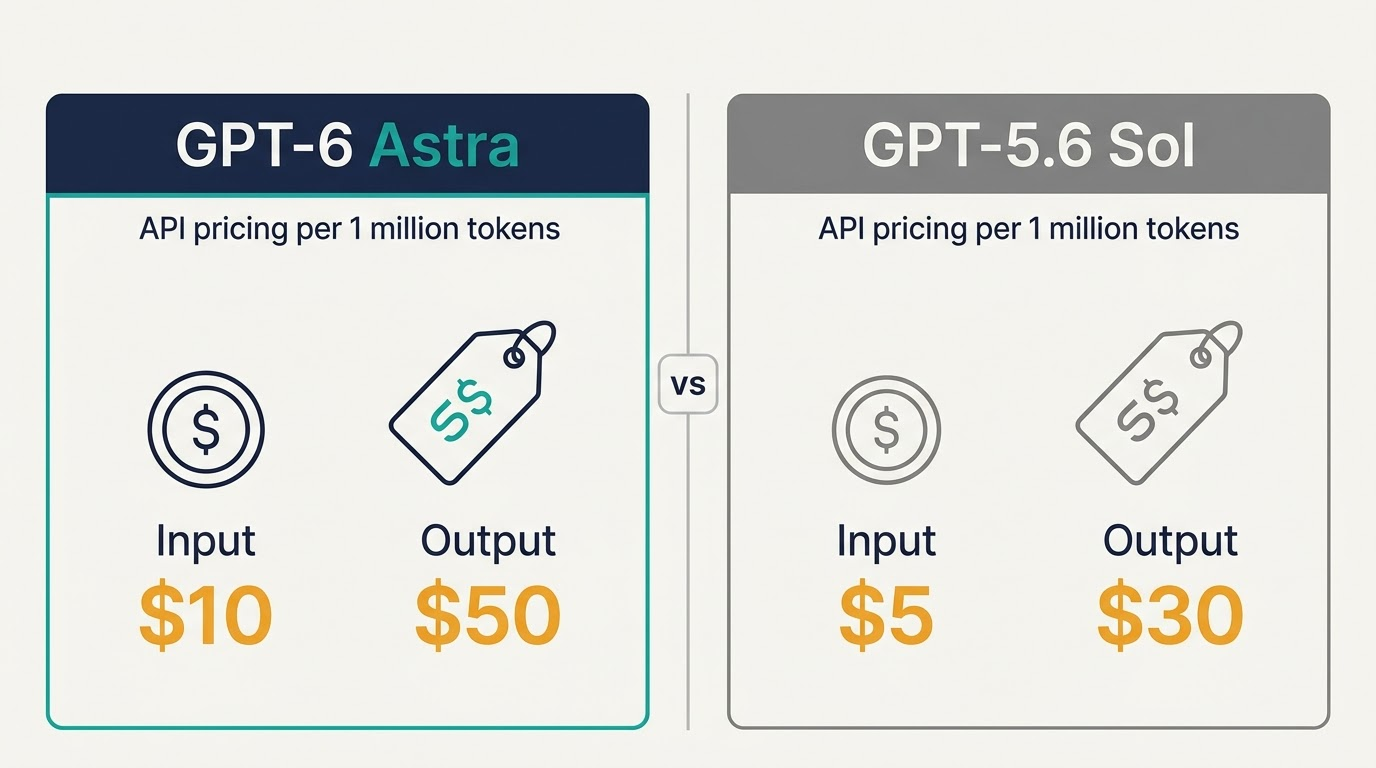 Сравнение цен на API GPT-6 Astra ($10 входящие / $50 исходящие) и GPT-5.6 Sol ($5 / $30) за 1 млн токенов
