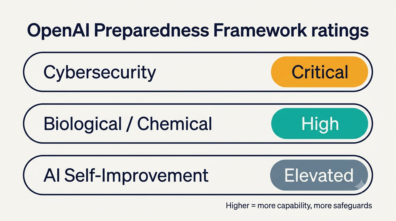 Рейтинги Preparedness Framework: кибербезопасность — Critical, биологические/химические угрозы — High, самосовершенствование ИИ — Elevated