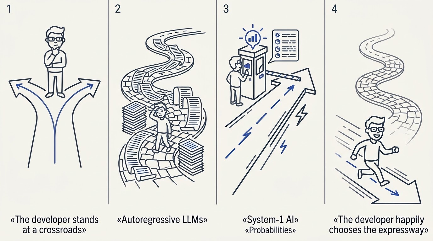 Developer at a crossroads choosing a fast expressway with a probability tollbooth over a long road of text documents.