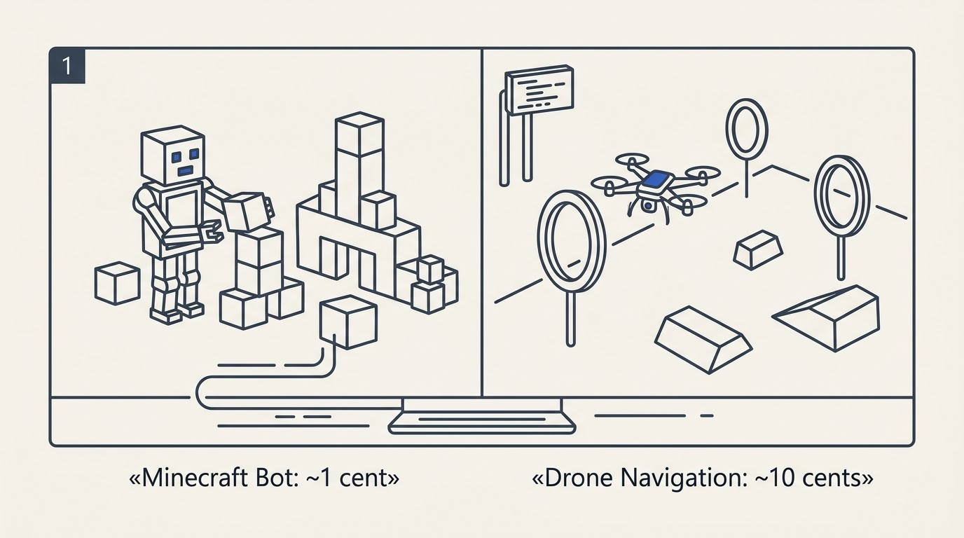 Split screen on a laptop displaying a block-building game bot and a simulated drone navigating a course with cost trackers.